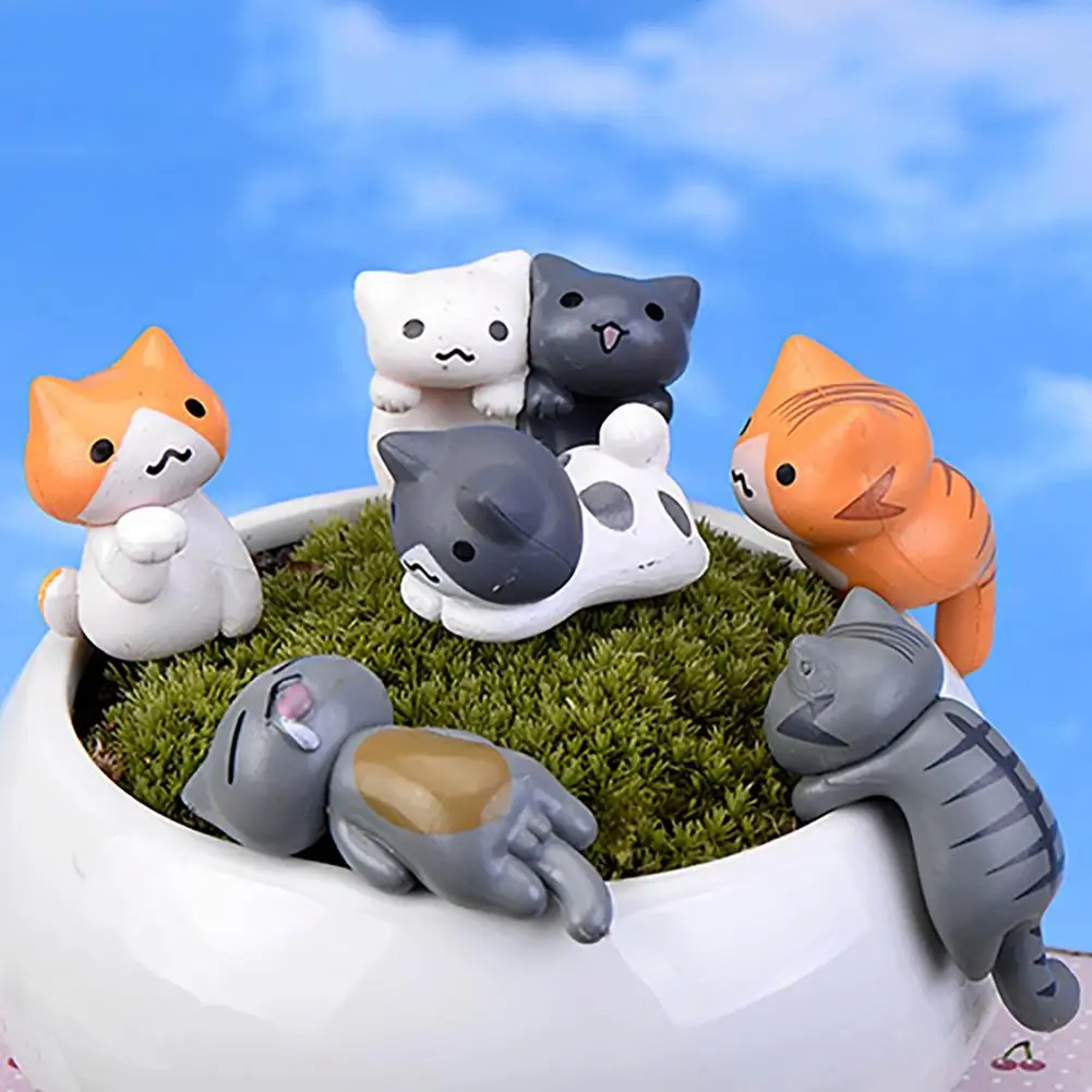 6pcs Cartoon Cat Pattern Small Ornament Mold Garden Decorations Lovely Plastic Mini Cat Micro Landscape Home Decor