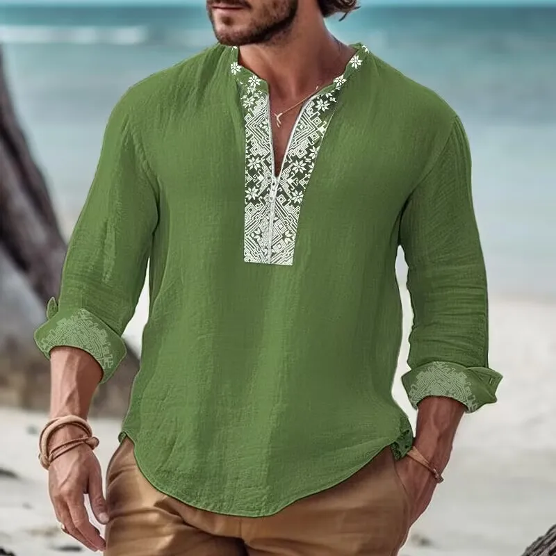 Men's Fashion Printed Casual Long Sleeve Stand-Up Collar Shirt
