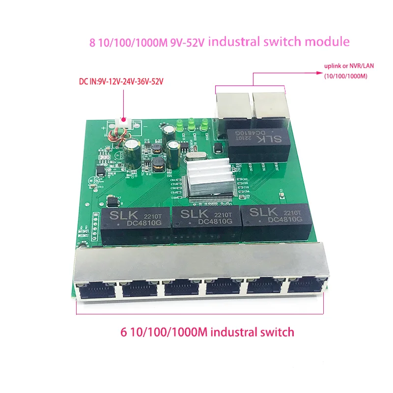 1000M switch Unmanaged 8port 10/100/1000M 5V-15V 9V-52V industrial Ethernet switch module PCBA board OEM Auto-sensing Ports