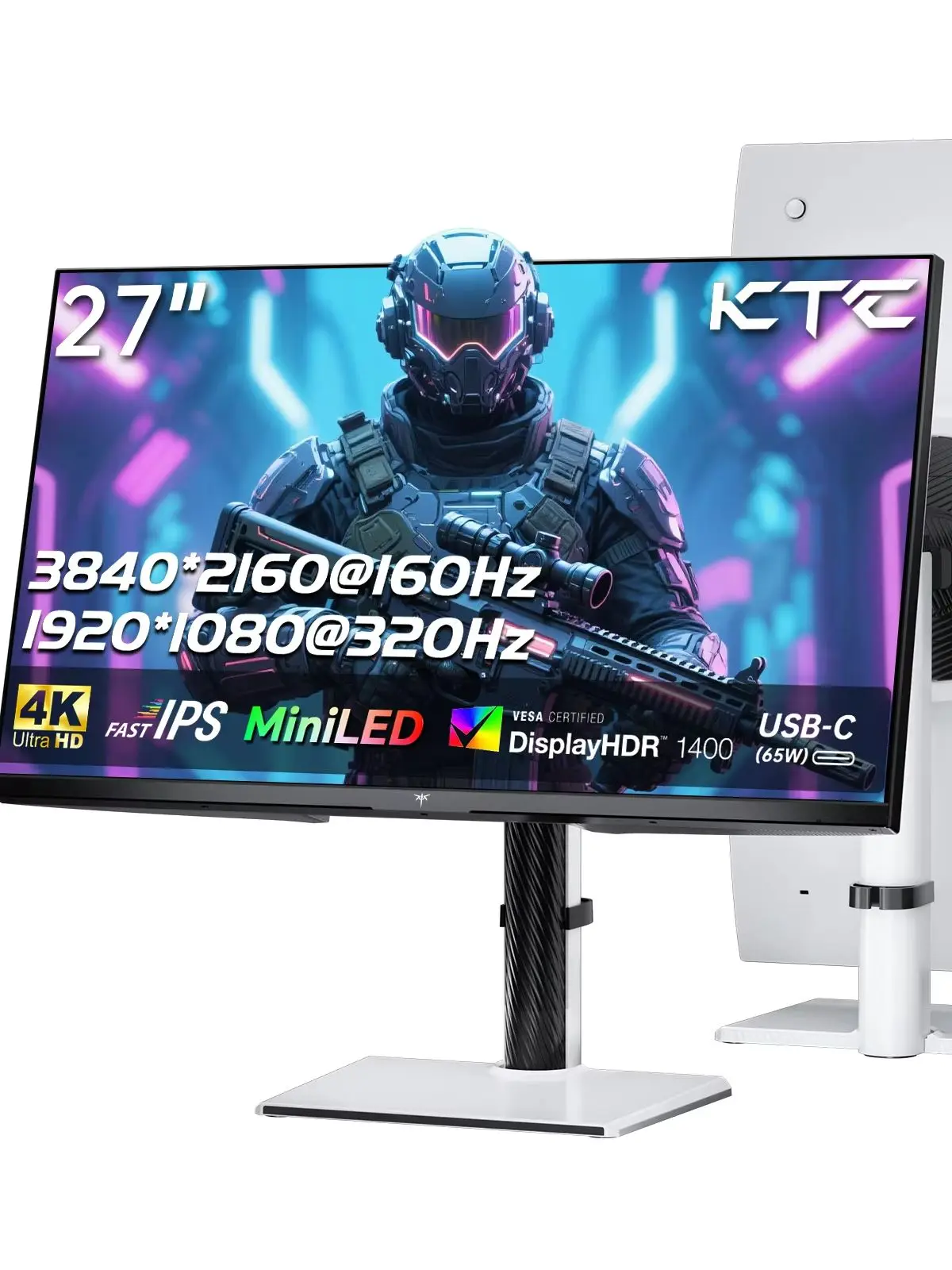 KTC 27 Zoll 4K MiniLED Gaming-Monitor, UHD 3840x2160 Dual-Modus (4K 160Hz/FHD 320Hz), HDR 1400, Fast IPS, Typ-C 65W, KVM, VESA, Neig- und Schwenkbare und Höhenverstellbare Basis, Weiß, M27P6