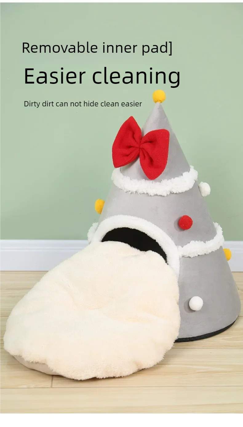 Washable Pet Lounger Cushions, Christmas Tree Cat Housecat Mat Beds, Cozy Warm Cat Kennels, House Tents, Small Pet Dogs, Winter view 5