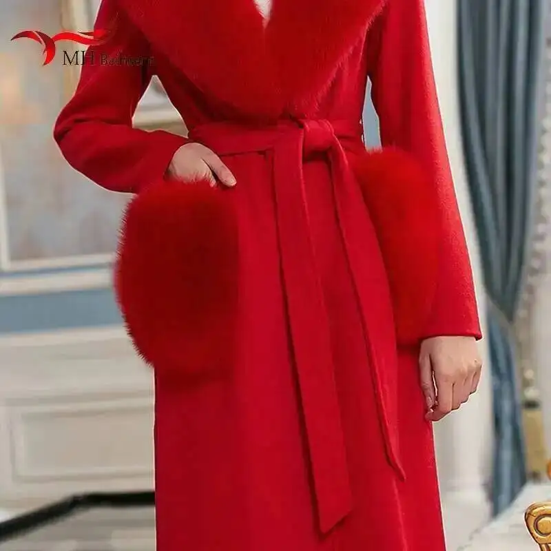 Women\'s Coat Woolen Pocket New 100% Real Fox Fur Color Matching Pocket 9.5*11CM Brand Bag Female Towel