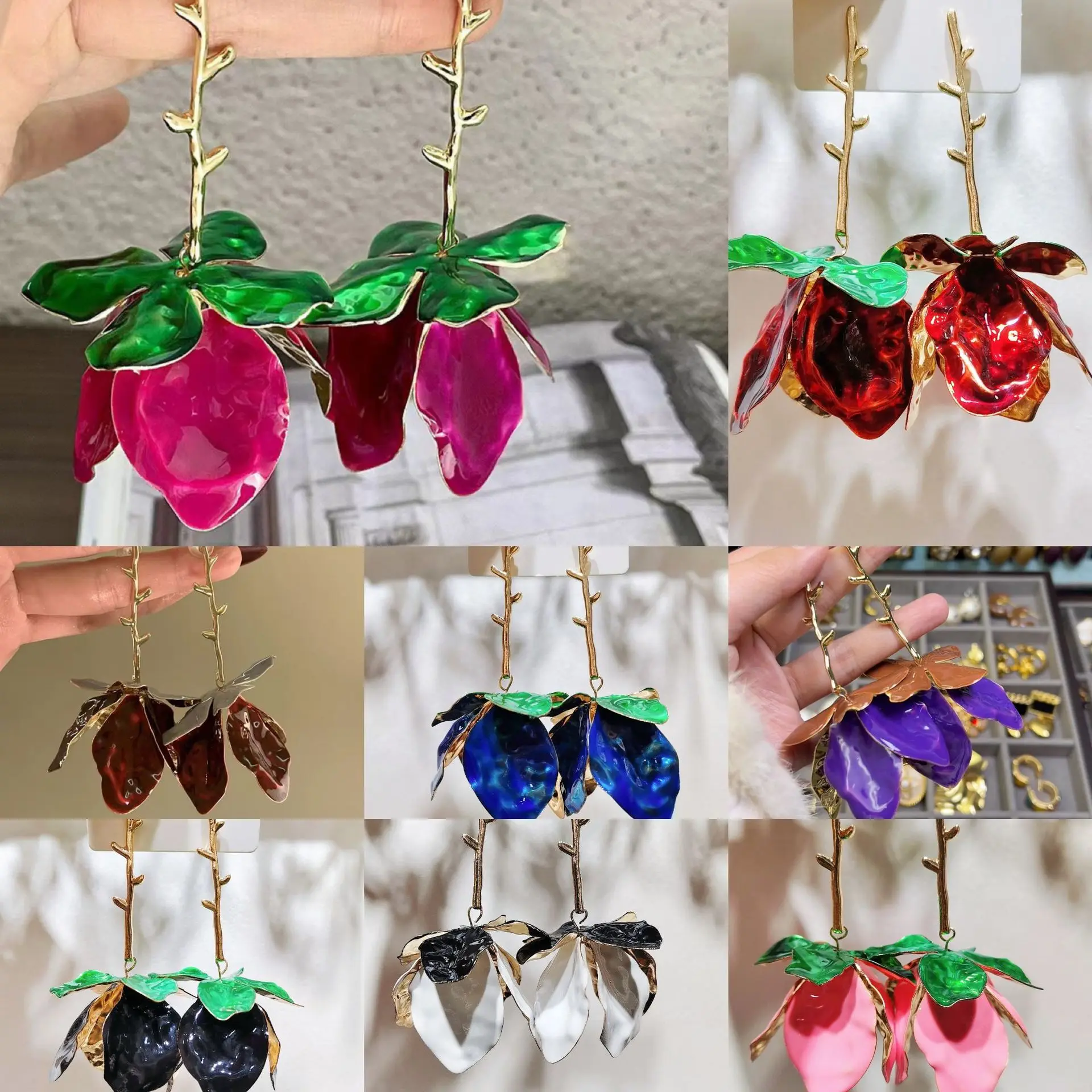 Red drape oil drip green leaf flower earrings