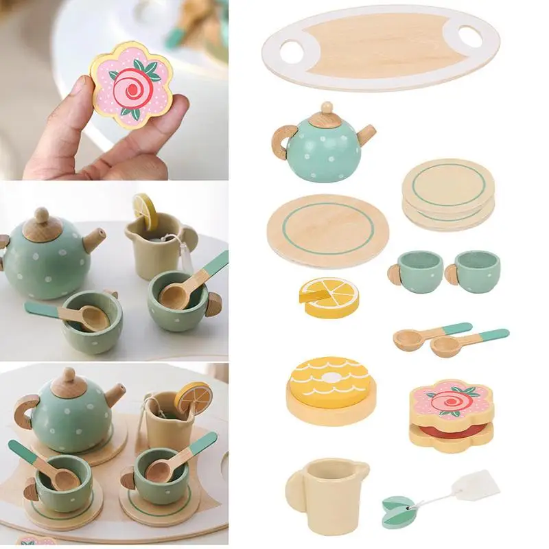 Kid Kitchen Play Set Children Pretend Wooden Tea Party Dishes Playset Play House Kitchen Toys With Teapot Teacups Spoons Girls