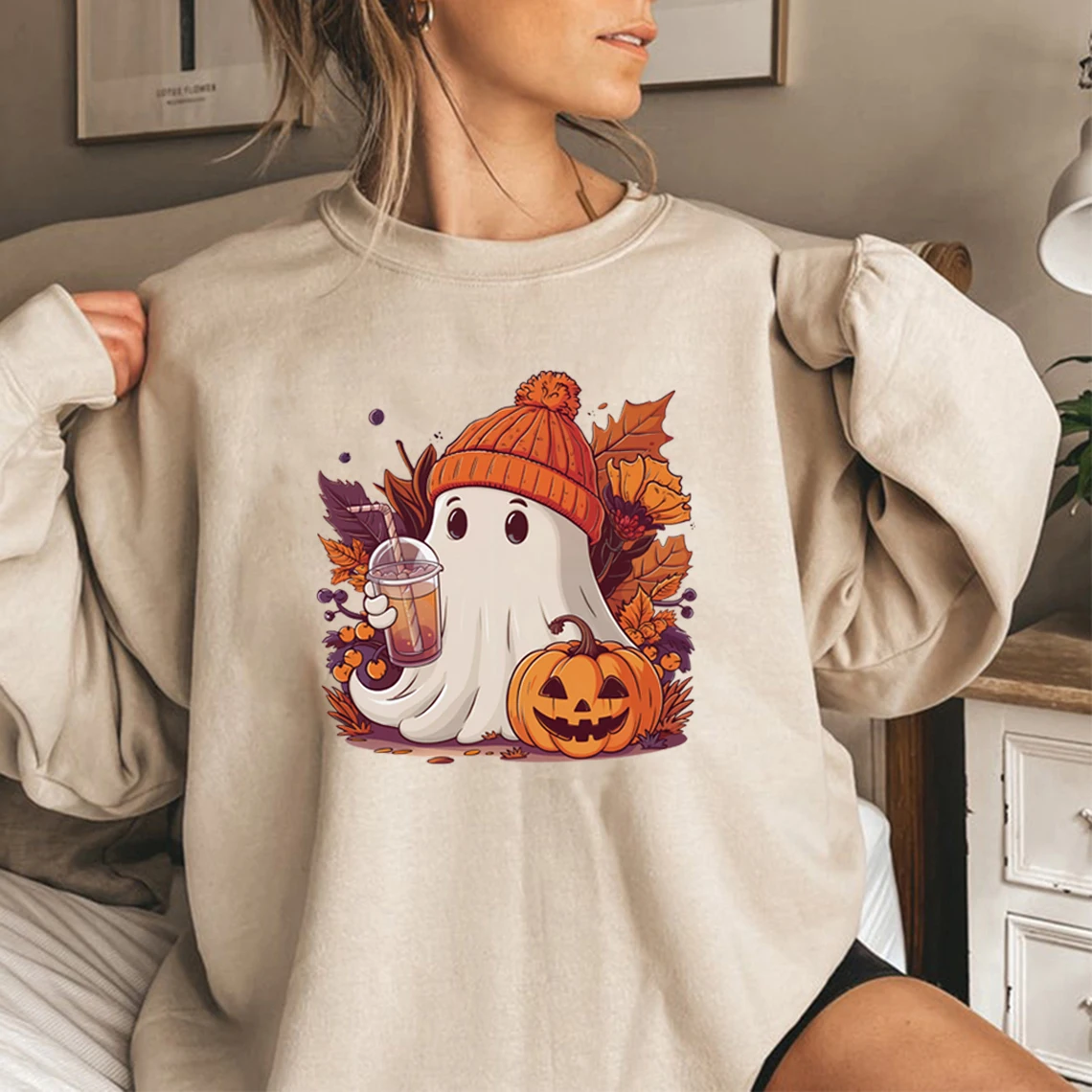 Cute Ghost Sweatshirt Funny Spooky Season Sweatshirt Women\'s Halloween Party Sweater Fall Ghost Hoodies Crewneck Sweatshirts