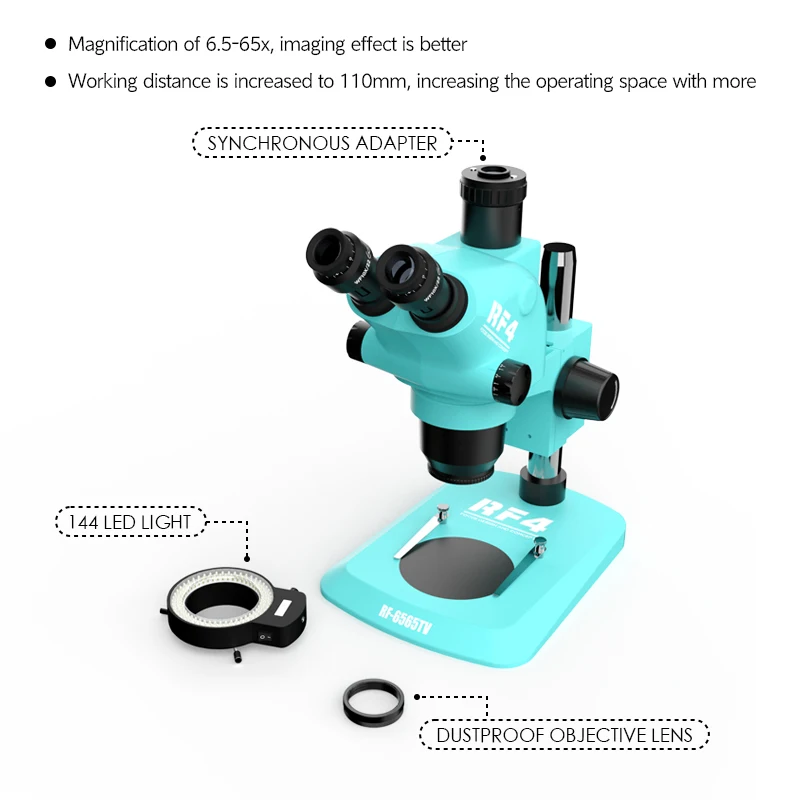 RF4 6.5X-65X Sculpture Welding Jewelry Optical Stereoscopic Triocular Zoom Microscope RF6565TV-144LED Light Source