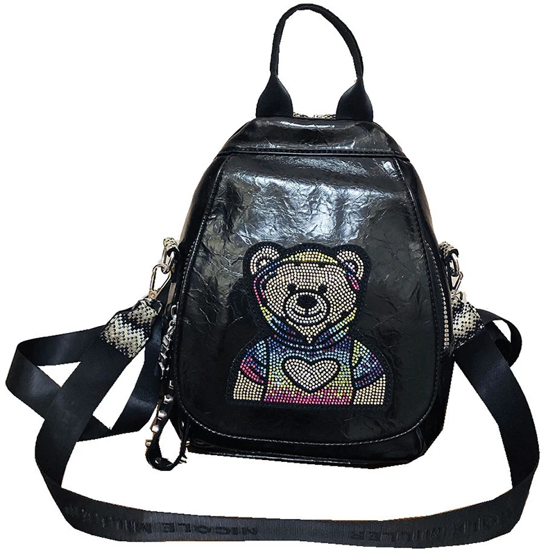 Vintage Waterproof Shiny Rhinestone Stylish Brand Bear Backpack Designer Fashion Luxury Travel Book Artificial Leather Backpack