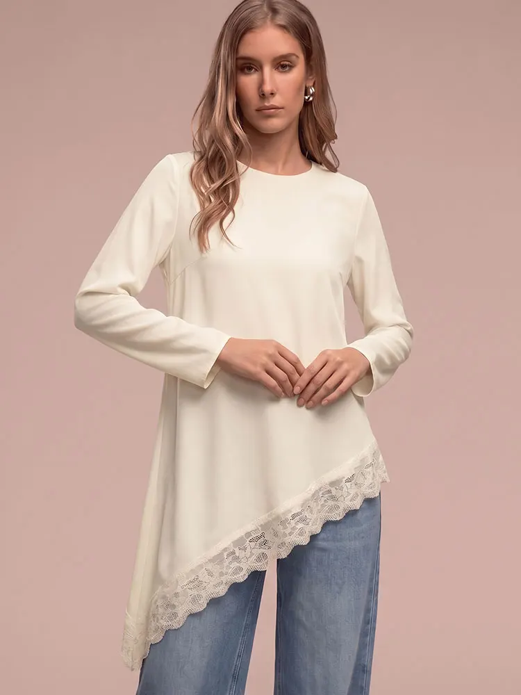 HH Damen Romantische Asymmetrische Spitzenbluse Einfarbig Langarm Lässige Sommer Strand Urlaub Elegante Party Bluse