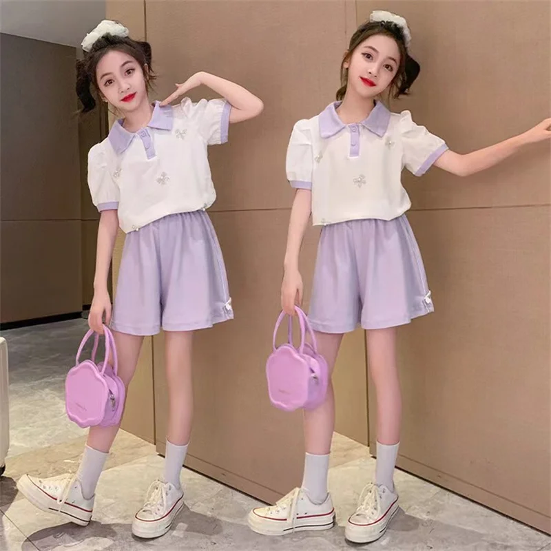 Fashion Girls Clothing Sets 2024 Summer Children School Short Sleeve T-shirts + Short Pants 2PCS Kids Clothes 6 8 10 12 14 Year