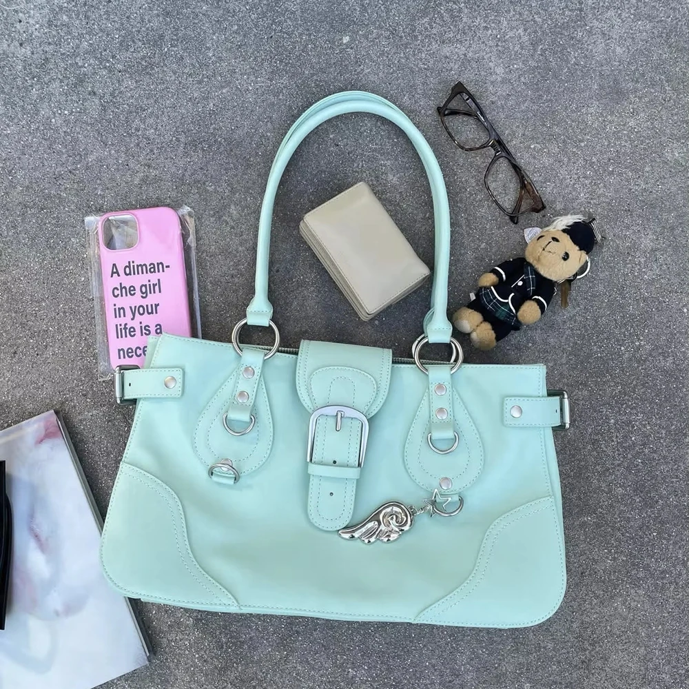 Y2K Vintage Mint Green Shoulder Bag for Women, Retro Buckle Design Large Capacity Handbag, Casual PU Leather Tote Bag for Daily