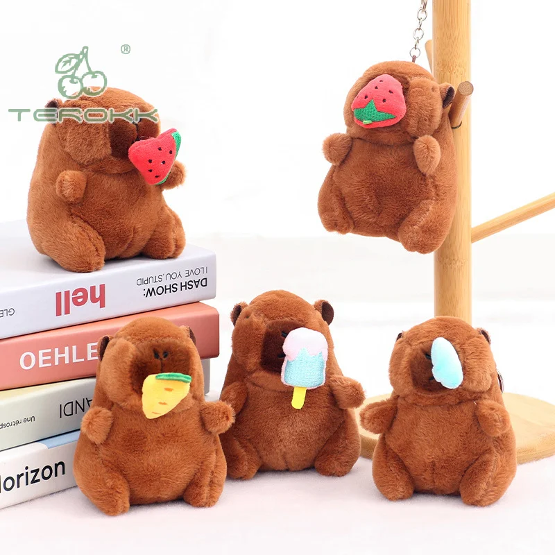 Cute Cartoon Capybara Pendant Plush Toy Pull String Ice Cream Strawberry Doll Bag Hanging Ornaments Desktop Decoration Keychain