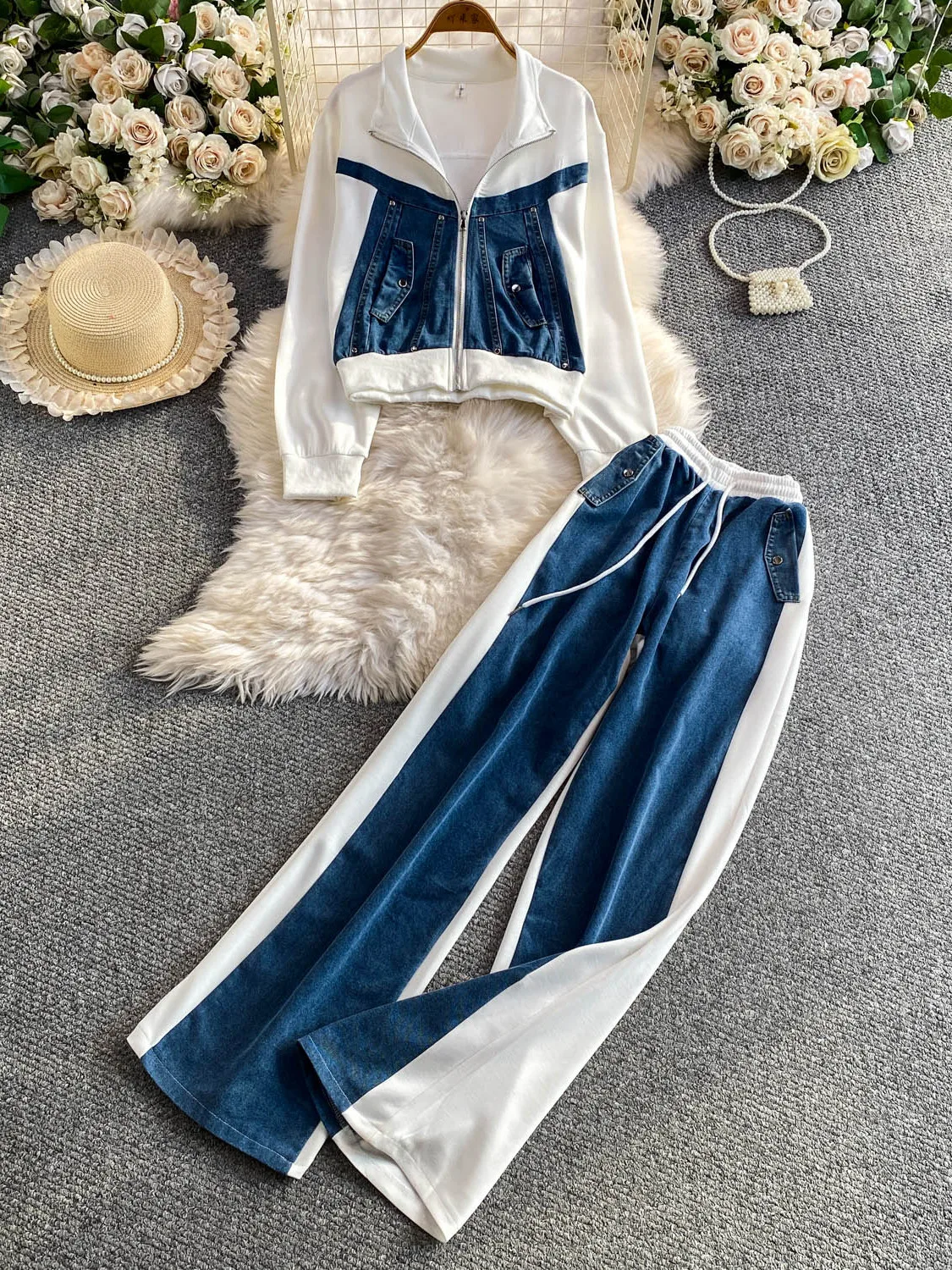 Retro Patchwork Denim Jacket High Waist Slimming Wide Leg Pants Two Piece Set Zipper Stand Collar Casual Belted Women's Fashion
