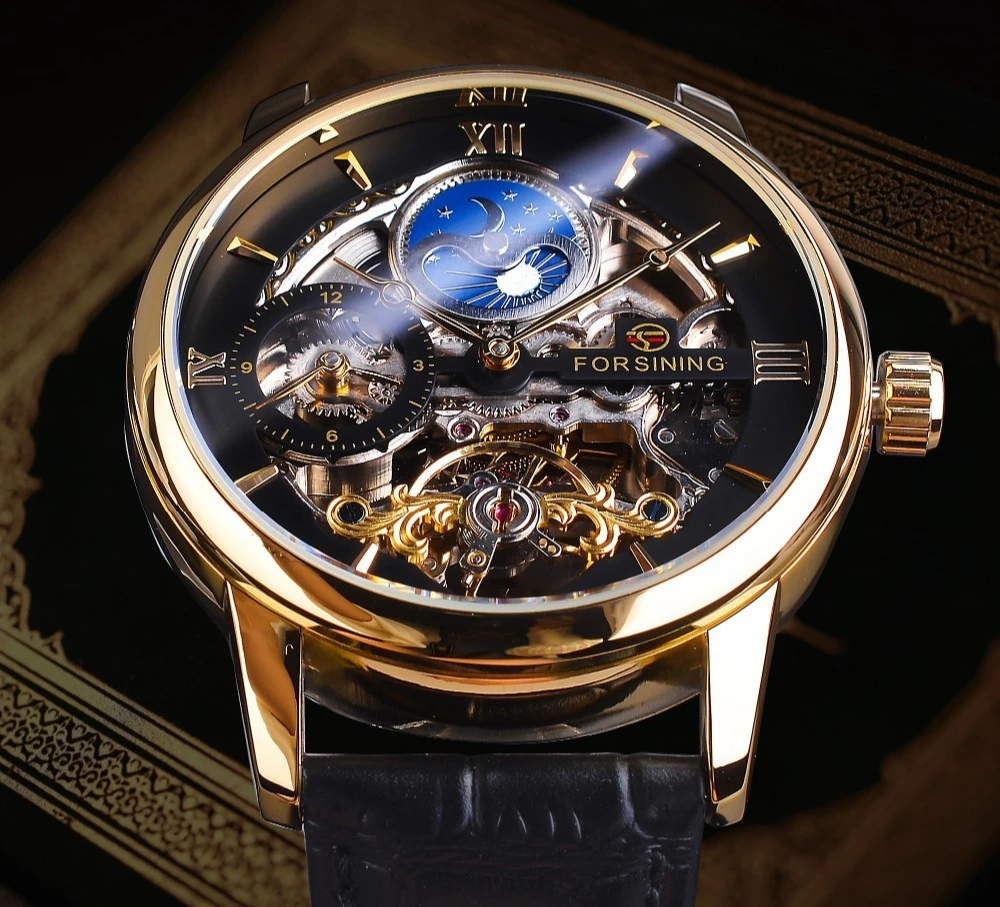 Montre mécanique automatique à phase de lune à double fuseau horaire, style européen et américain, mode et loisirs pour hommes