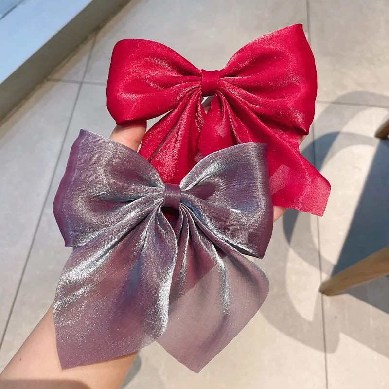 New Large Bow Hairpin Women Elegant Bowknot Stain Barrettes Mesh Sheer Satin Hair Clip Solid Ponytail Clip Hair Accessories