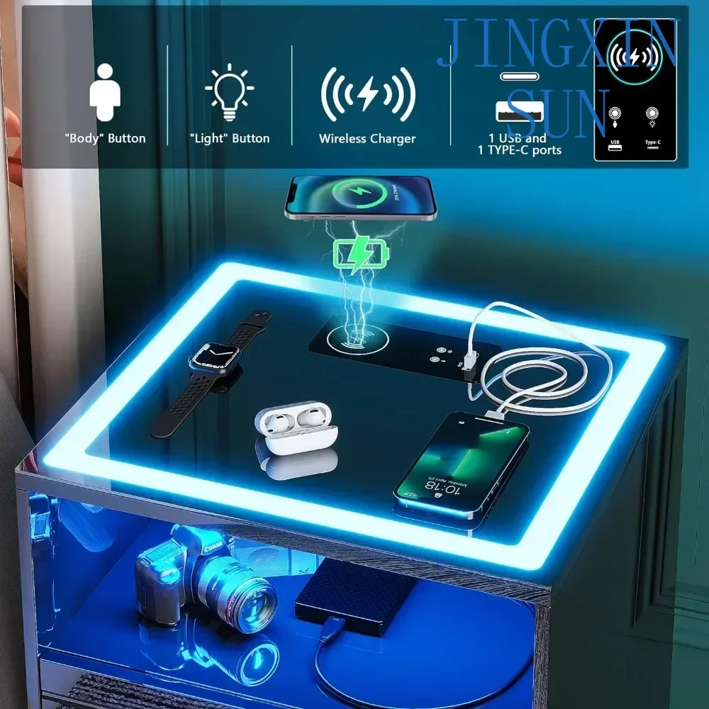 LED Nightstand with Wireless Charging Station,3 Color Dimmable Auto Sensor Night Stand ,Touch Screen Bedside Table