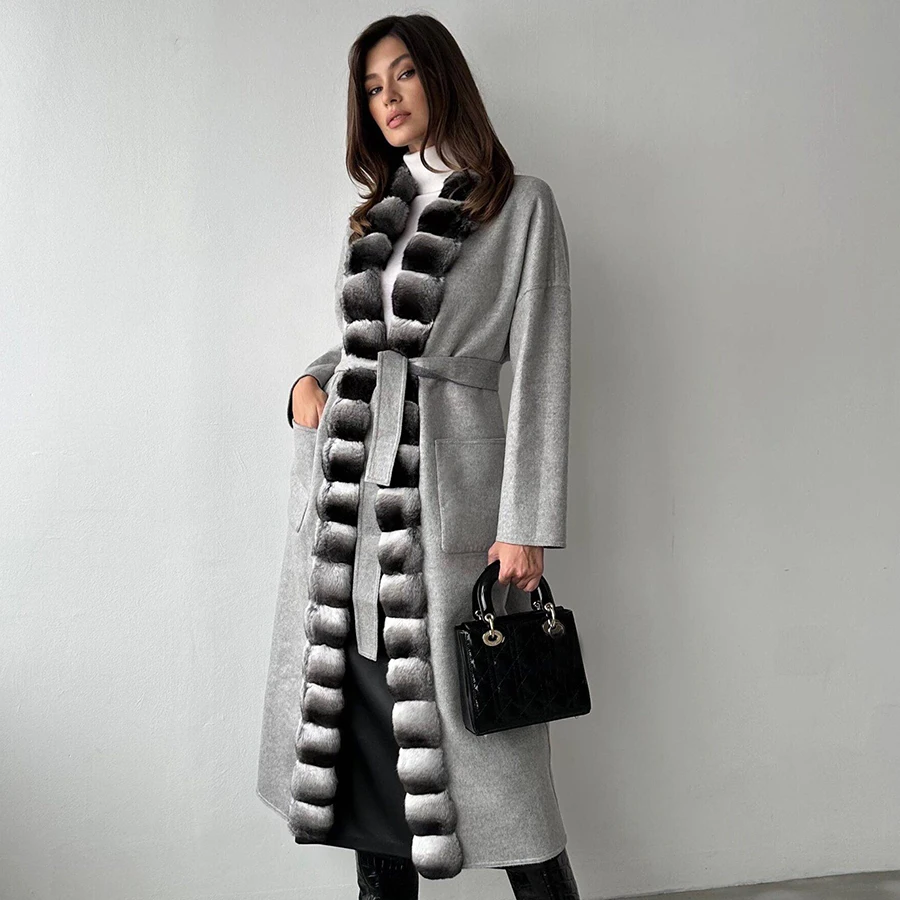 Real Rabbit Fur Collar Womens Winter Luxury Cashmere Wool Coat Women Natural Fur Coat 2024 Hot Selling Style