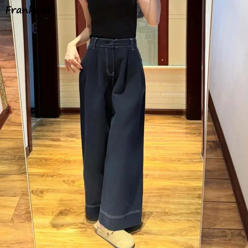 Niebieskie dżinsy z wysokim stanem Kobiety Prosta moda Szerokie nogawki Spodnie Miękkie dojeżdżające do pracy Ulzzang Wysoka talia Casual Chic Pantalones De Mujer