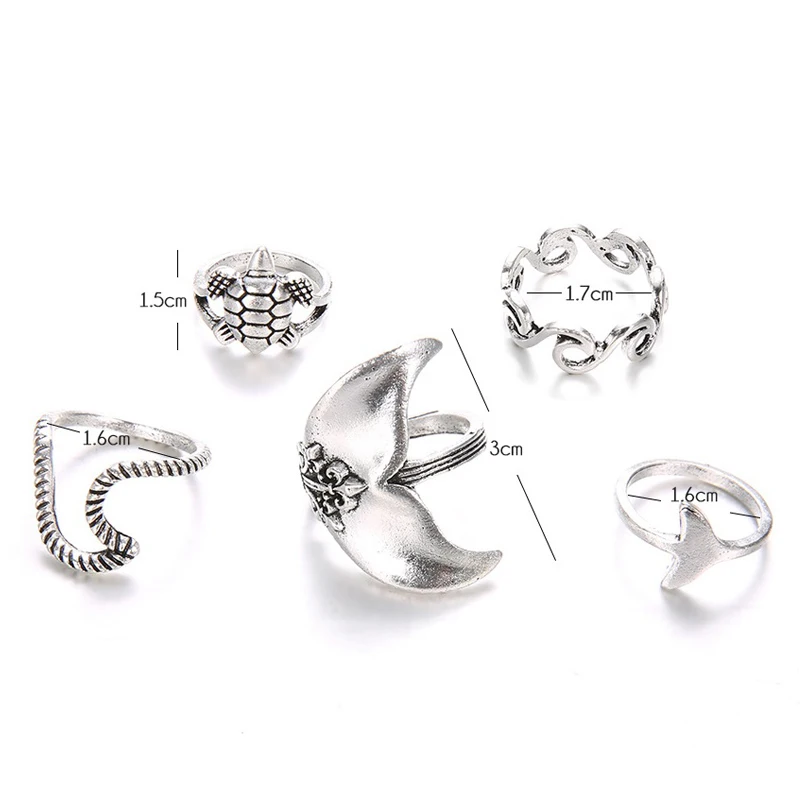 1 Set Boho Women Rings Set Geometric Turtle Whale Tail Waves Ring Charm Waves Rings Lady Jewelry Lover Gift Metal  Fashion