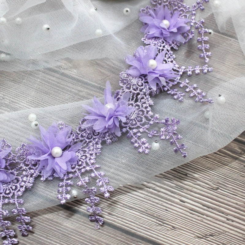 White 3D Chiffon Rose Lace Fabric Flower Pearl Beads Wedding Decor Lace Ribbon DIY Craft 8.5cm Wide