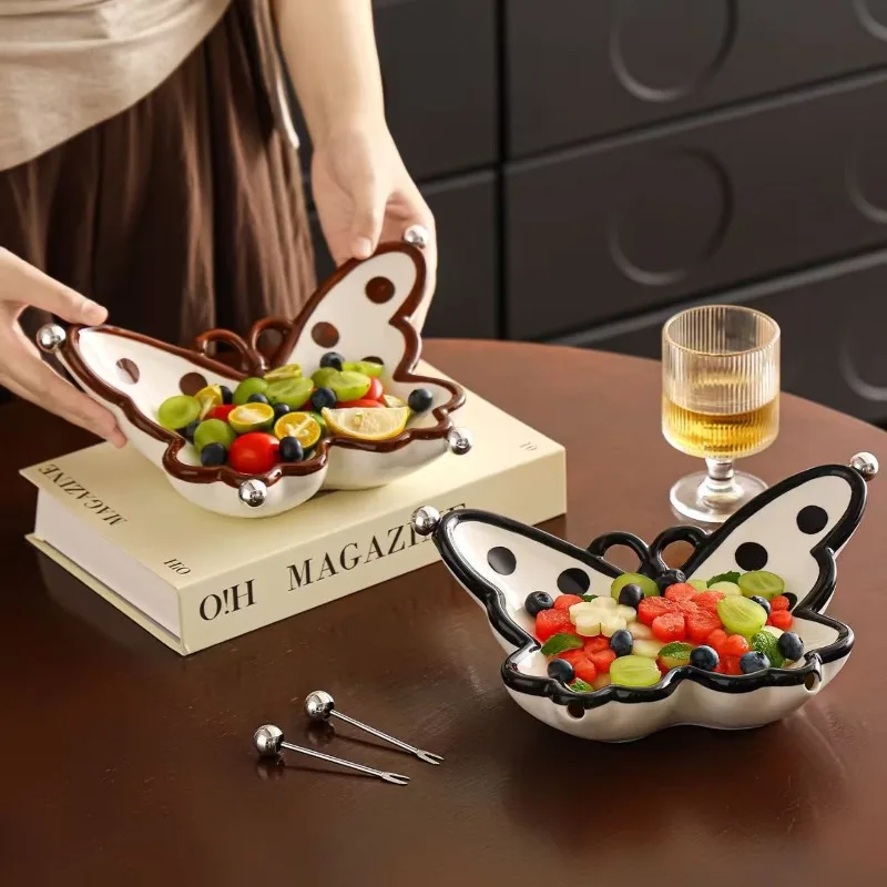 High-grade Butterfly Fruit Plate with Fruit Fork Household Living Room Light Luxury High-end Plates Stainless Steel Fork Sets