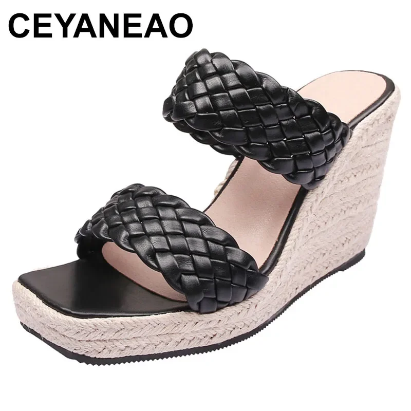 

Новая женская обувь на танкетке, модные шлепанцы ручной работы из соломенной веревки с толстой подошвой на платформе, пикантные золотые туфли на высоком каблуке