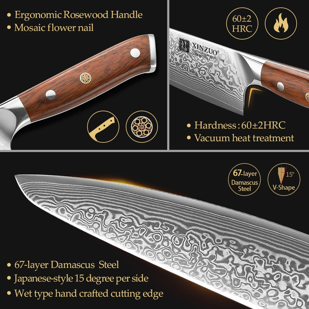 XINZUO 1-3PCS Kitchen Knife Set 67 Layers Damascus Steel High Carbon Chef Santoku Utility Knives Rosewood Handle Cooking Tools