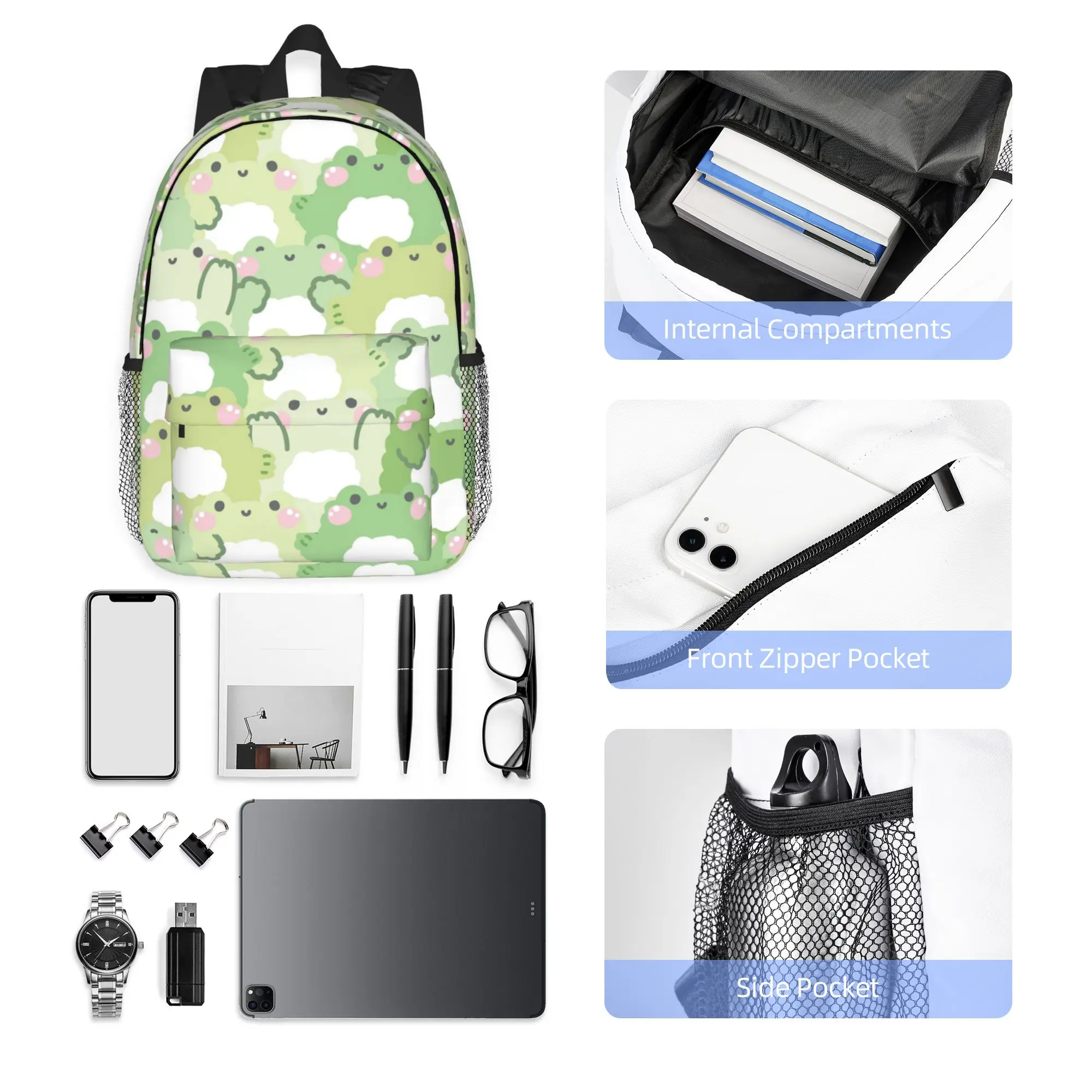 Kawaii Frog Seamless Pattern Green Frogs Backpack Hot Sale Daypack Boys Girls BookBag Shoulder Bags for Men Women School Bag