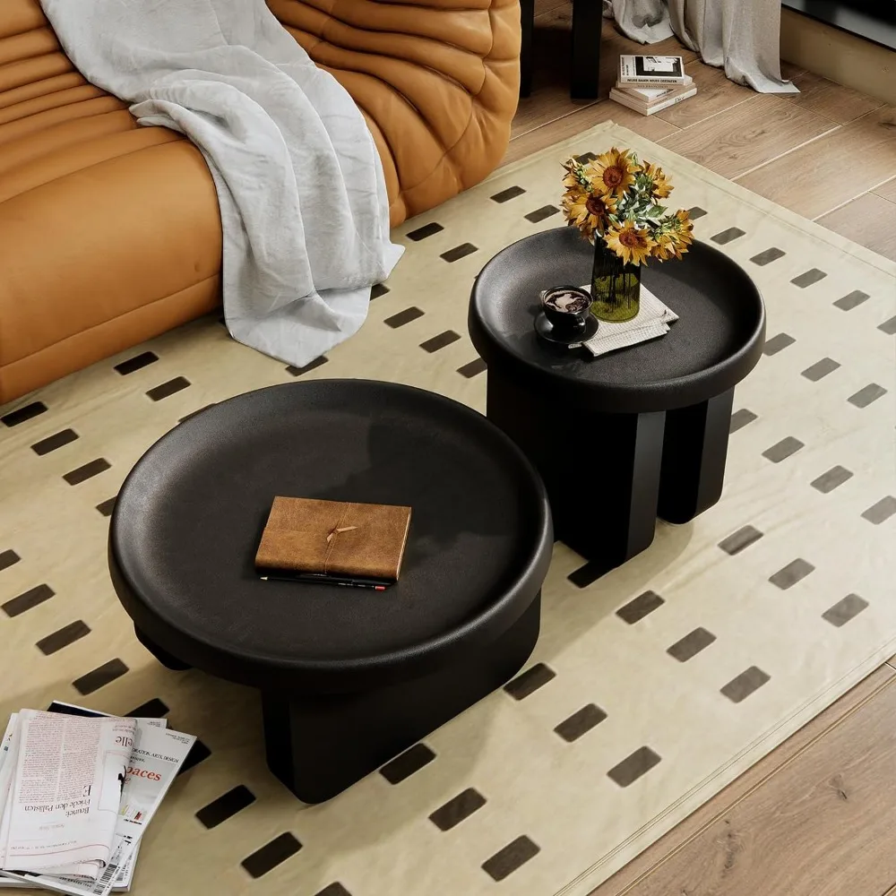 Círculo servindo mesa de café para sala de estar, mesa de café única Black Great Circle Furniture Tables Set, 29.1X16.5 in