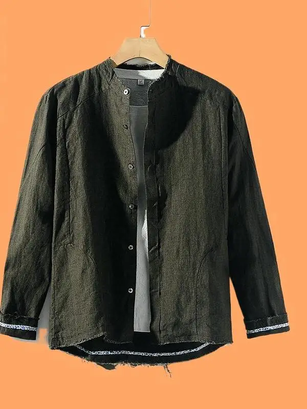 

Spring New Men's Casual Linen Shirt Long Sleeve Frayed Loose Fit Open Cardigan Style Daily Wear Simple Design Color