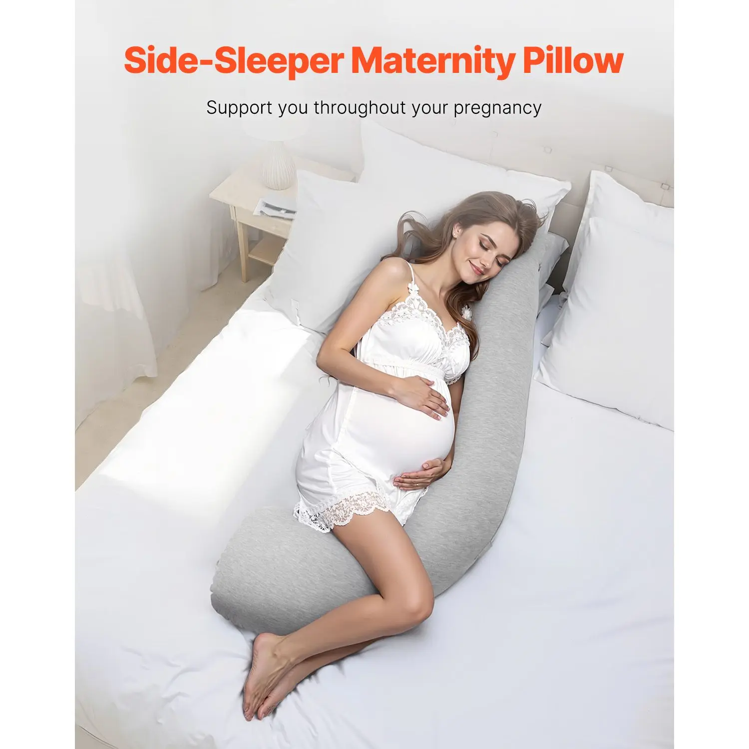 Pregnancy Pillows for Side Sleeping, L-Shaped Maternity Pillow for Pregnant Women, Soft & Breathable Pregnancy Body Pillow with Washable Jersey Cover for Head Neck Belly Leg Support, Light Gray