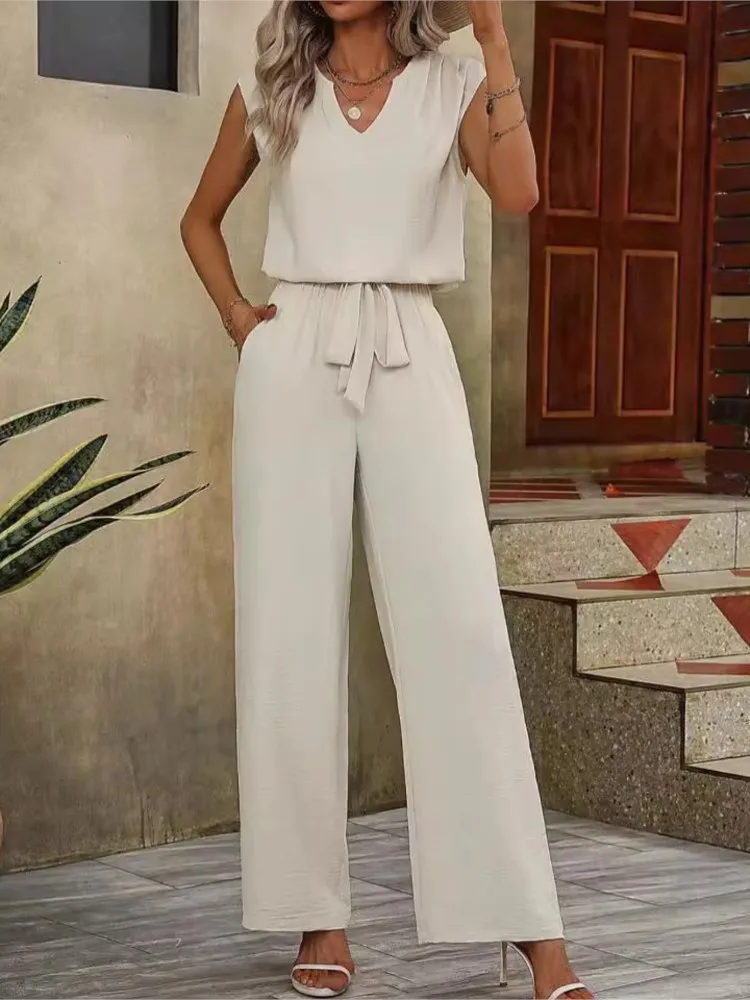 Summer Solid Color Pants Sets Women V-neck Sleeveless T Shirt Tops High Waist Leace-up Wide Legs Trousers Two Piece Set Female