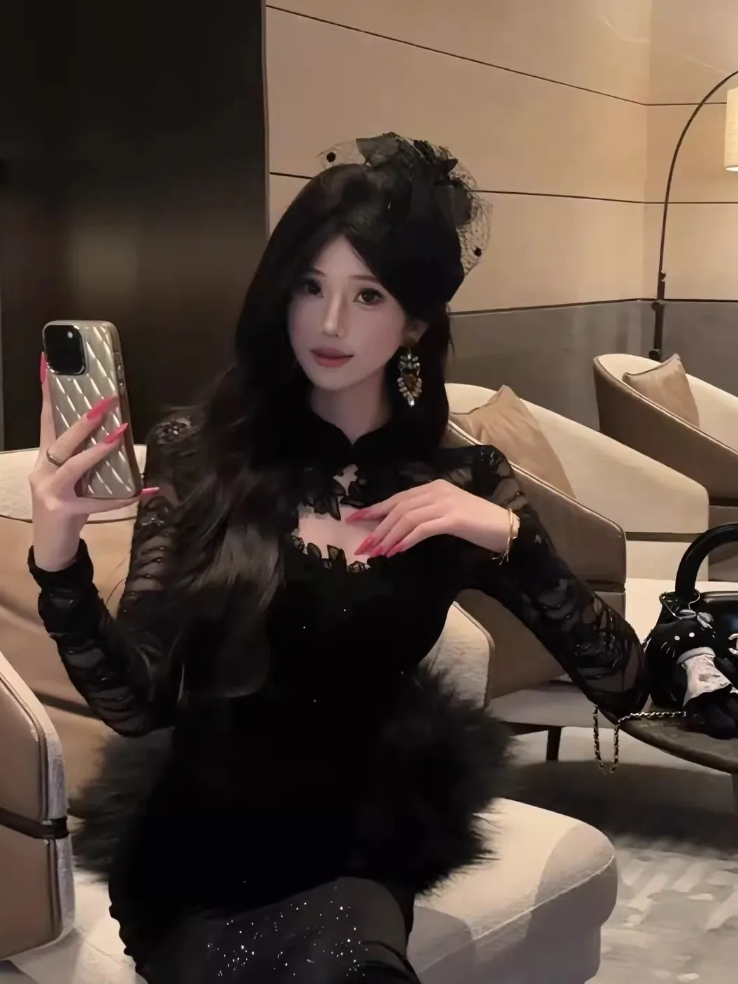 

Ele Pure Desire Sexy Lace Patchwork iny Velvet Full Skirt Dr Women's Autumn Winter Classy Long Dr Ele Draped