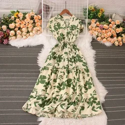 2026 New Summer Sweet Style Bandage Lace-up Short-sleeve Contrast Color High Waist A-line Leisure Women's Dress