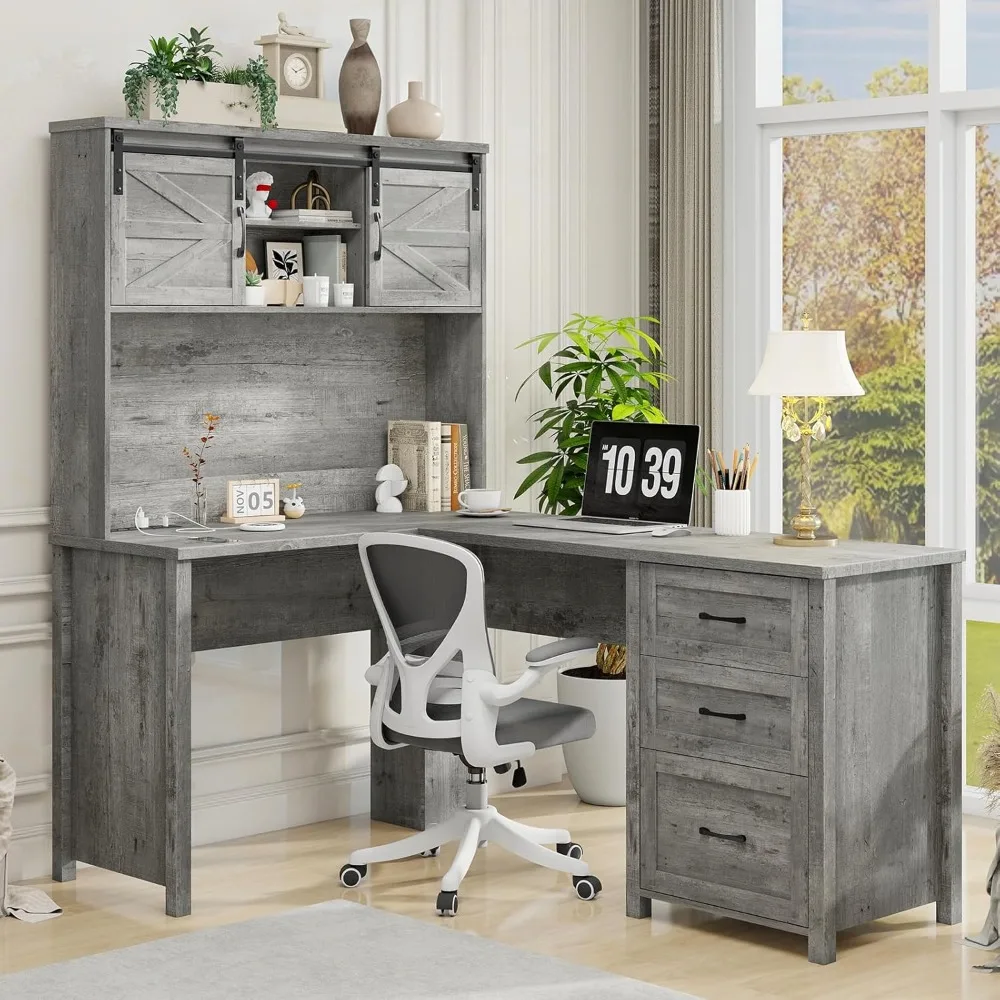 

L-shaped office desk with 3 drawers and sliding doors, administrative desk with file drawers