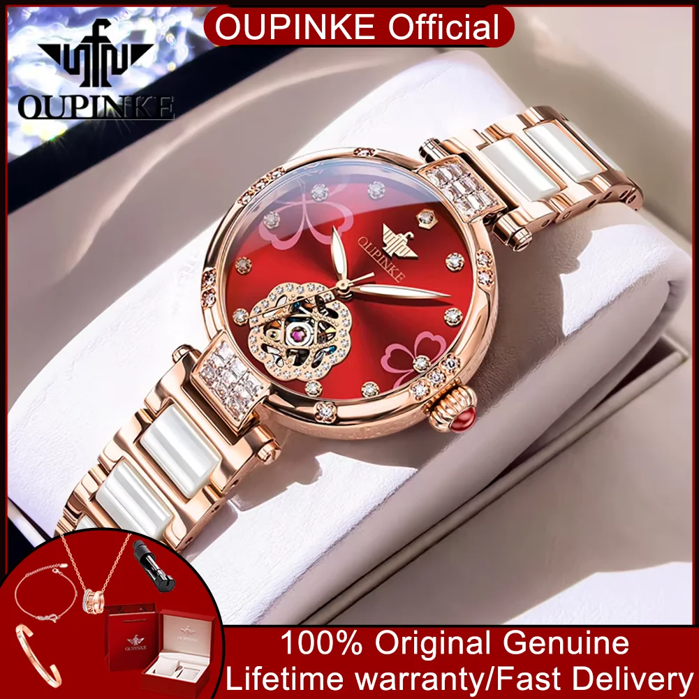 OUPINKE 3183 Automatic Mechanical Watches for Women Elegant Ceramics Steel Strap Hollowed Floral Diamond Dial Ladies Wristwatch