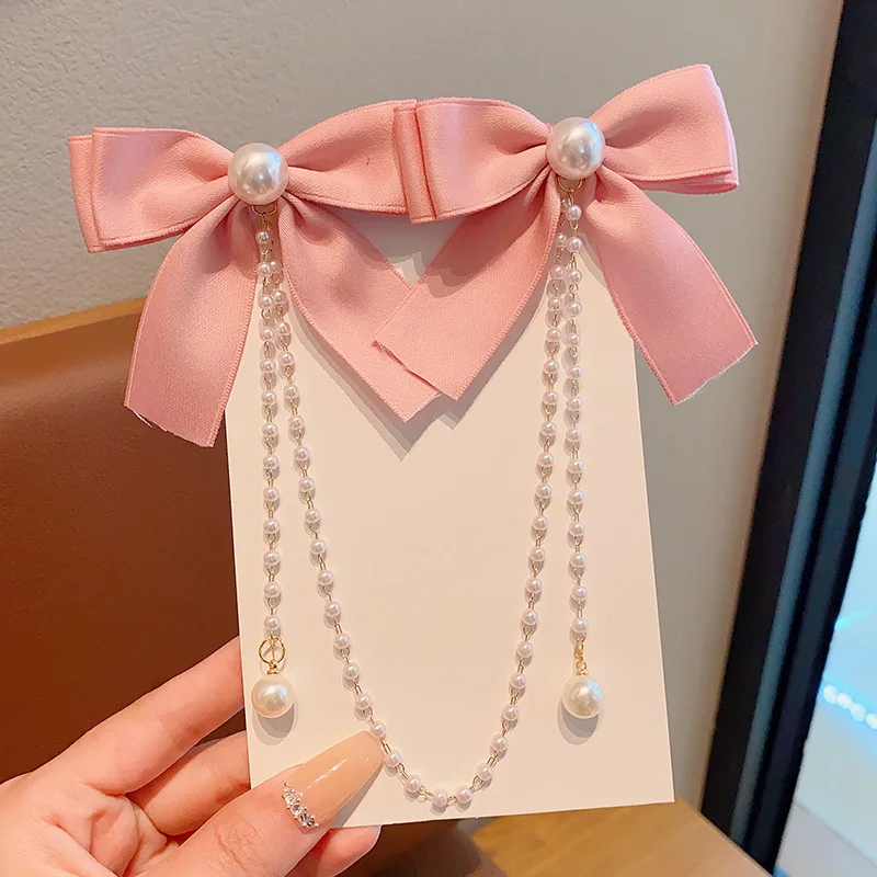 

Sweet Princess Style Pink Pearls Chain Bow Hair Clip Women Children's Cute Back Head Hairpins Hair Clips Girls Hair Accessories