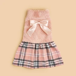 Dog Dress for Small Dogs Warm Costume Plaid Printed Puppy with  Doggie Pet Clothes Bowknot Apparel for Dogs Cats Daily Wear