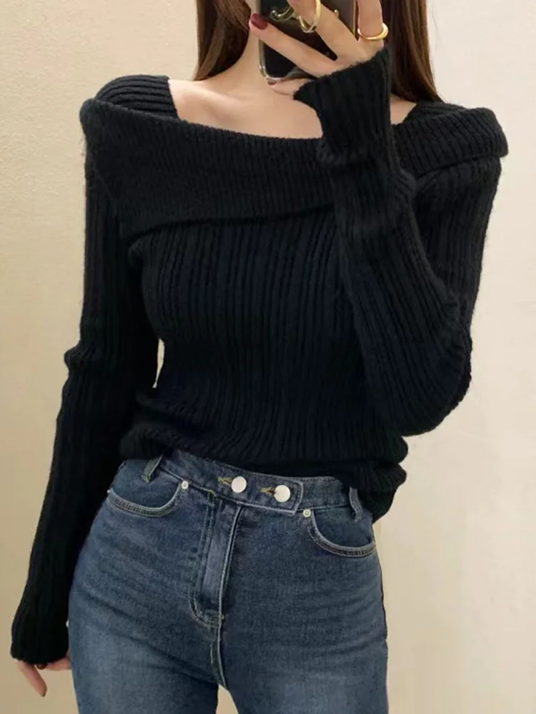 เสื้อไหมพรมแขนยาวสำหรับฤดูใบไม้ร่วงและฤดูหนาว ทรงเข้ารูป สไตล์ลำลอง คอเหลี่ยม ดีไซน์หรูหรา แฟชั่นสำหรับผู้หญิง