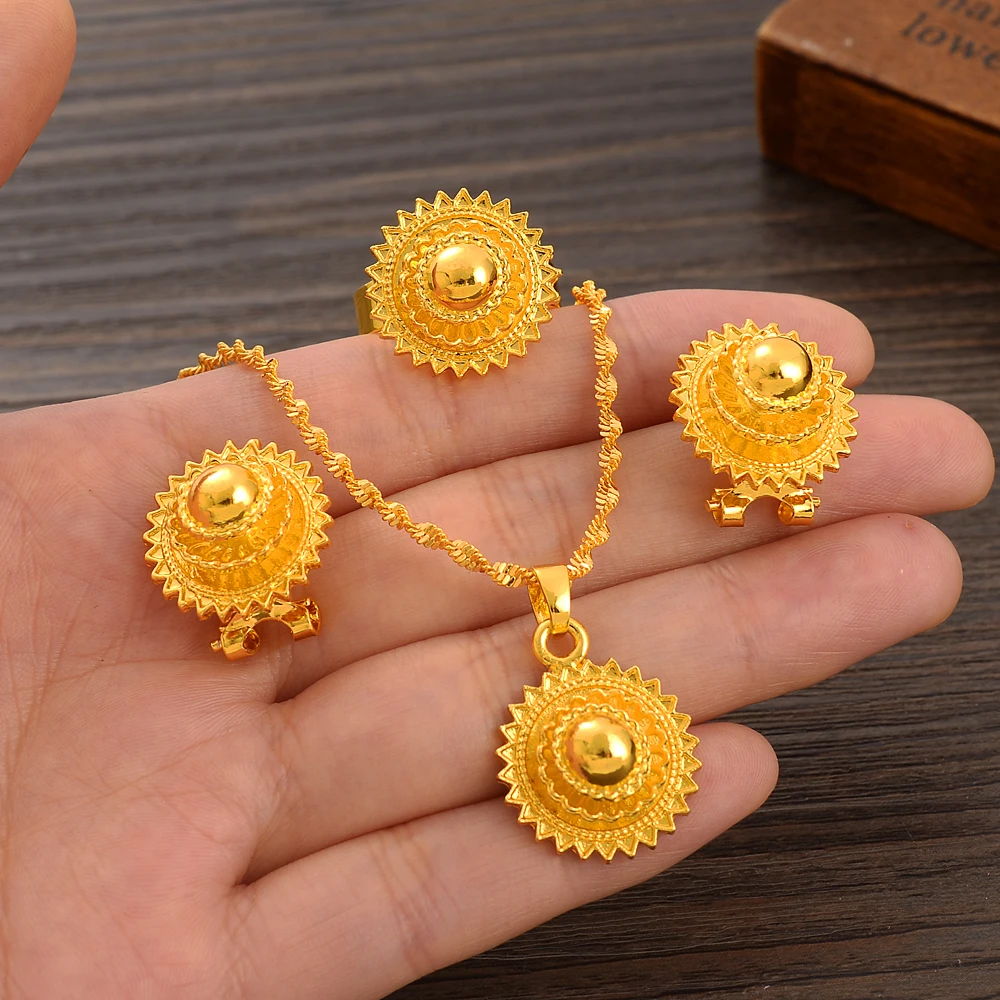 Fashion Gold Color Eritrea Set Ethiopian Polish Jewelry Necklace Ring Pendant Nicely Women\'s Habesha Wedding Party Gift