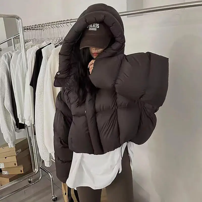 

Girl Winter Short Puffer Jacket Hooded Puffer Jacket Fashion Keep Warm Tops Fleece-Lined Minimalist Coat Cotton-Padded Jacket