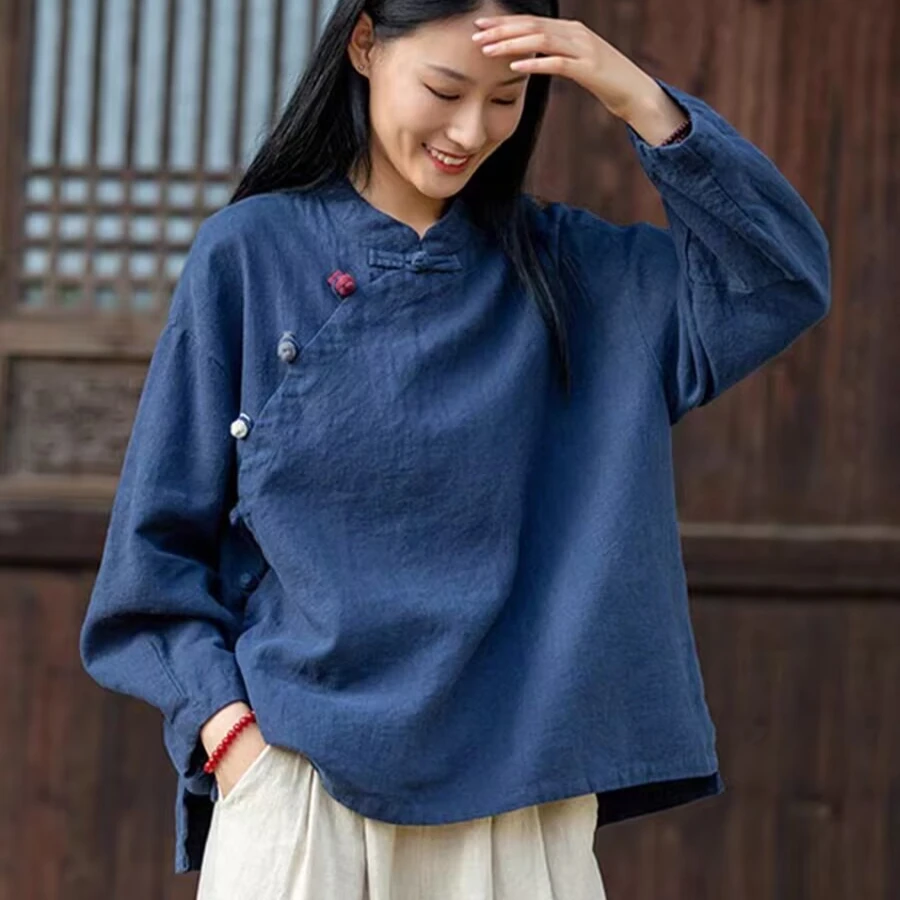Summer Blouse for Women, Breathable Cotton Linen Long Sleeves Shirts with Traditional Knot Buttons, Ideal for Casual Outings