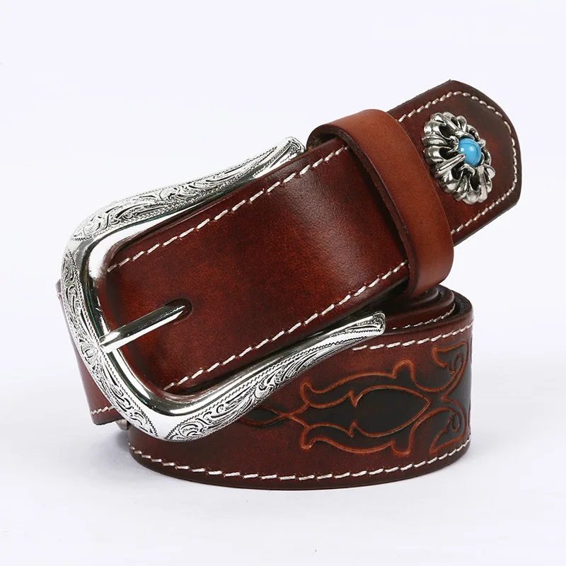 3.8cm Designer Genuine Punk Leather Men's Pleated Belt USA Western Retro Denim Style Leather Personality Cowboy Pin Buckle Belt