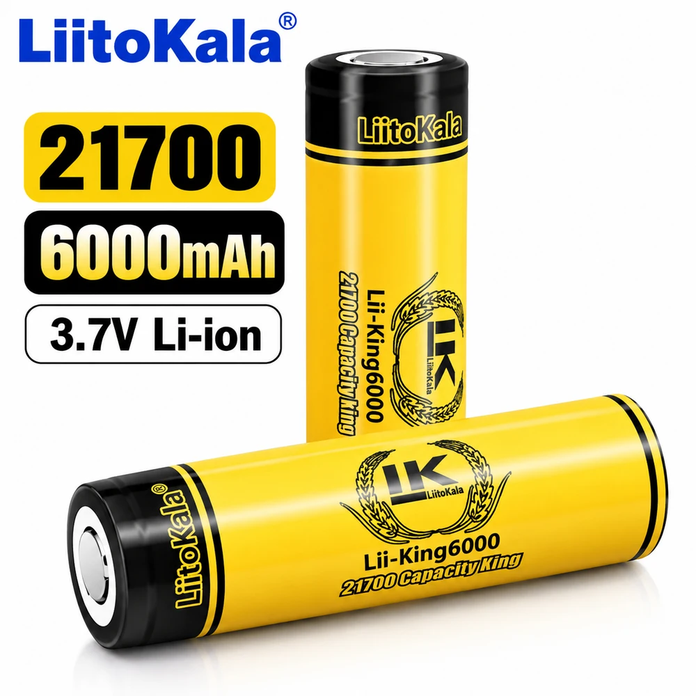 21700 Battery 6000mAh 3.7V Rechargeable Li-ion Cell Flat Top 6A for Flashlight DIY Battery Pack LiitoKala King6000