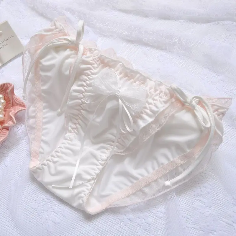 Japanese Princess Style Satin Ruffles Lacing Cute Lovely Sweety Bow Underwear High Elasticity Breathable Lolita Panties Breifs