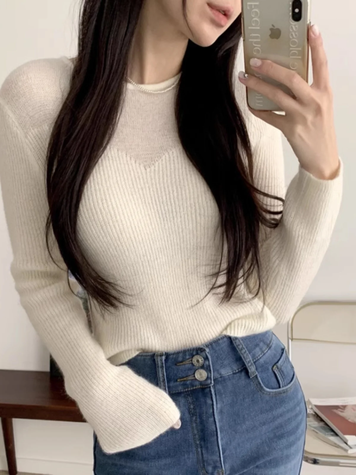 Slim Fit Knitted Sweater Women's Base Layer Chic Design Sense Splice Anti-Aging Knitwear Korean Sle Commute Pure Color
