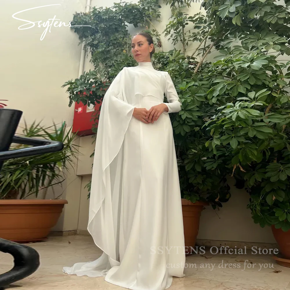 SSYTENS Elegant Long Sleeves Wedding Dresses Chiffon Simple High Neck Civil Bridal Gowns One Shoulder Shawl Customized Vestidos