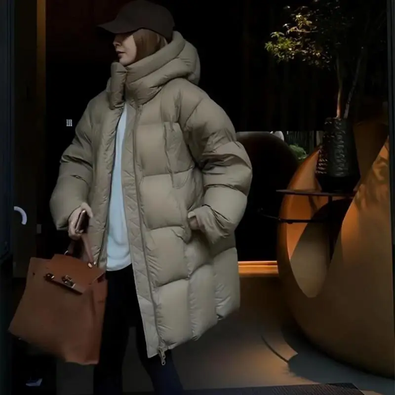 

Женское утепленное длинное белое пуховое пальто свободного кроя, зимнее, простое, универсальное, на молнии, теплое, средней длины