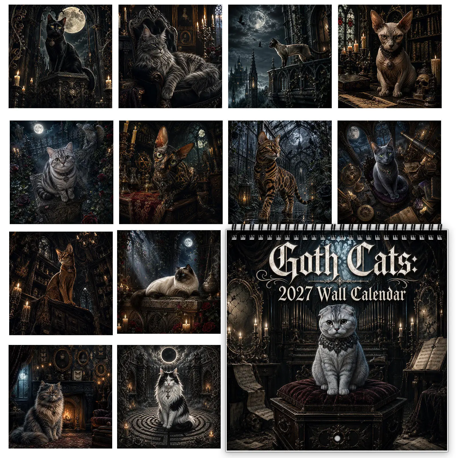 2027 Goth Cats Wall Calendar 12 Month Jan-Dec Dark Gothic Style Cat Monthly Planner Home Decor Gift for Gothic Cat Lovers