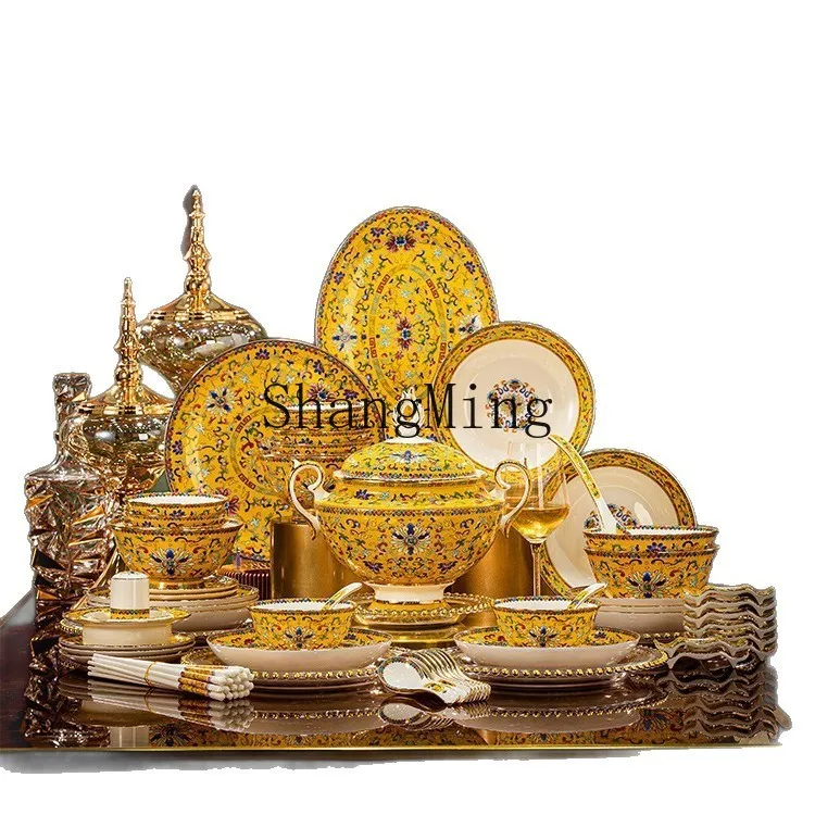 

PYH Jingdezhen household dishes set light luxury bone china combination high-end Chinese dishes ceramic tableware enamel color
