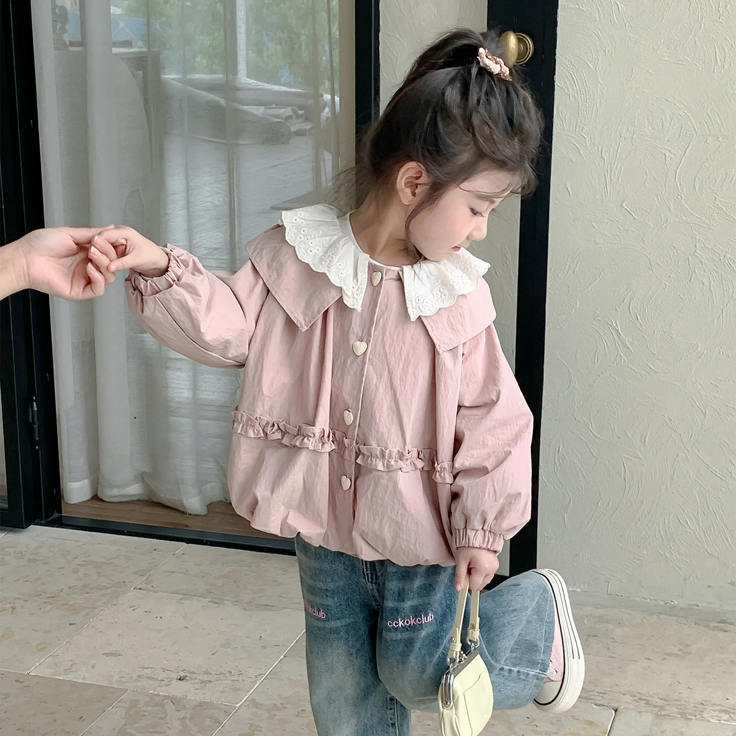 

Elegant Baby Pink Jacket Coat for Infant Girls with Lace Collar Spring Autumn Cotton Clothes Outfit 2-9 Years